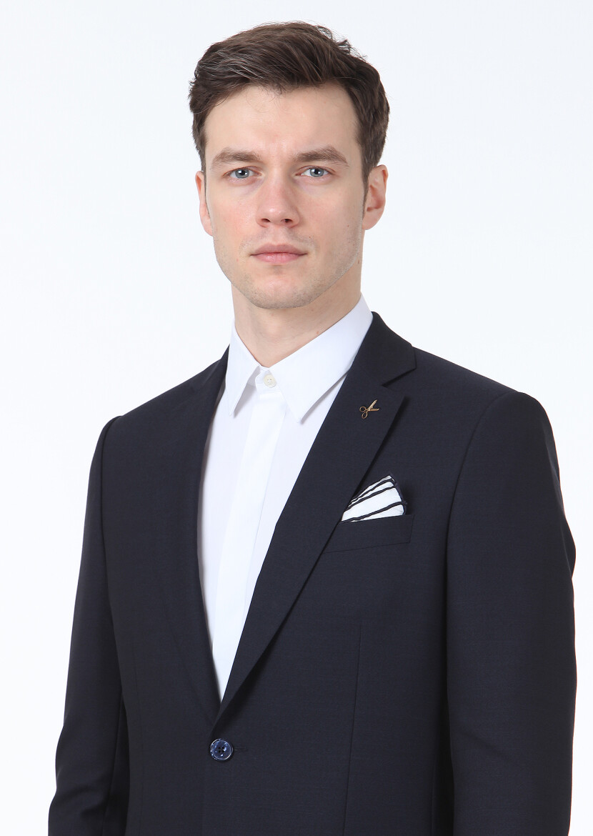 Lacivert Düz Thin&taller Slim Fit %100 Yün Takım Elbise - 2