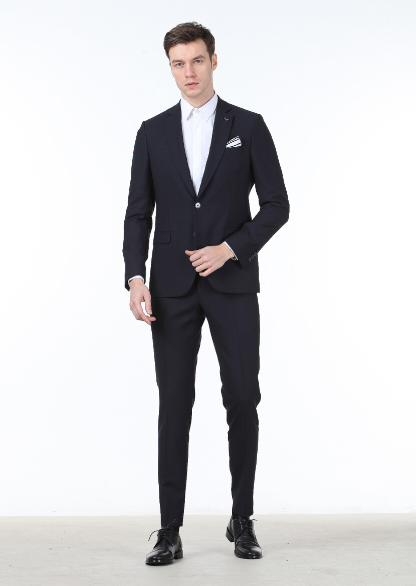 Lacivert Düz Thin&taller Slim Fit %100 Yün Takım Elbise - 3