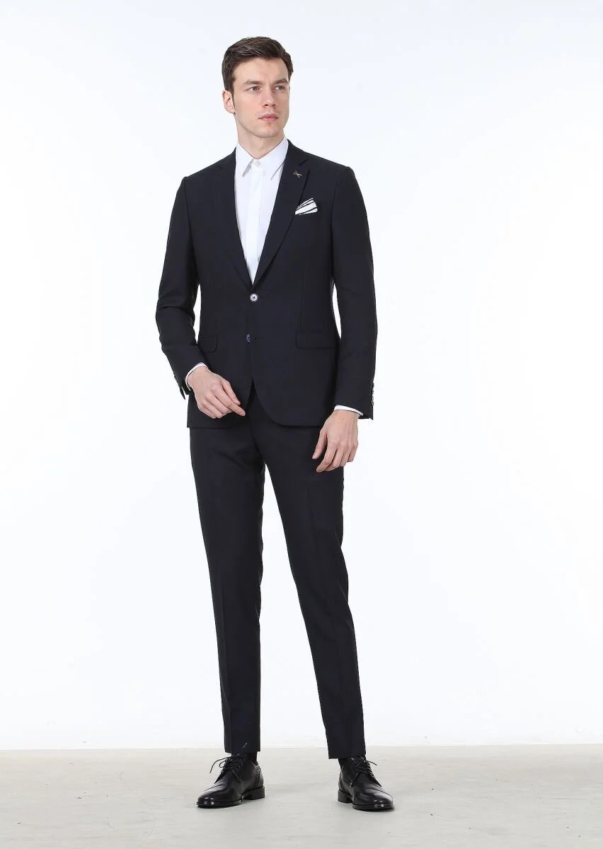 Lacivert Düz Thin&taller Slim Fit %100 Yün Takım Elbise - 1