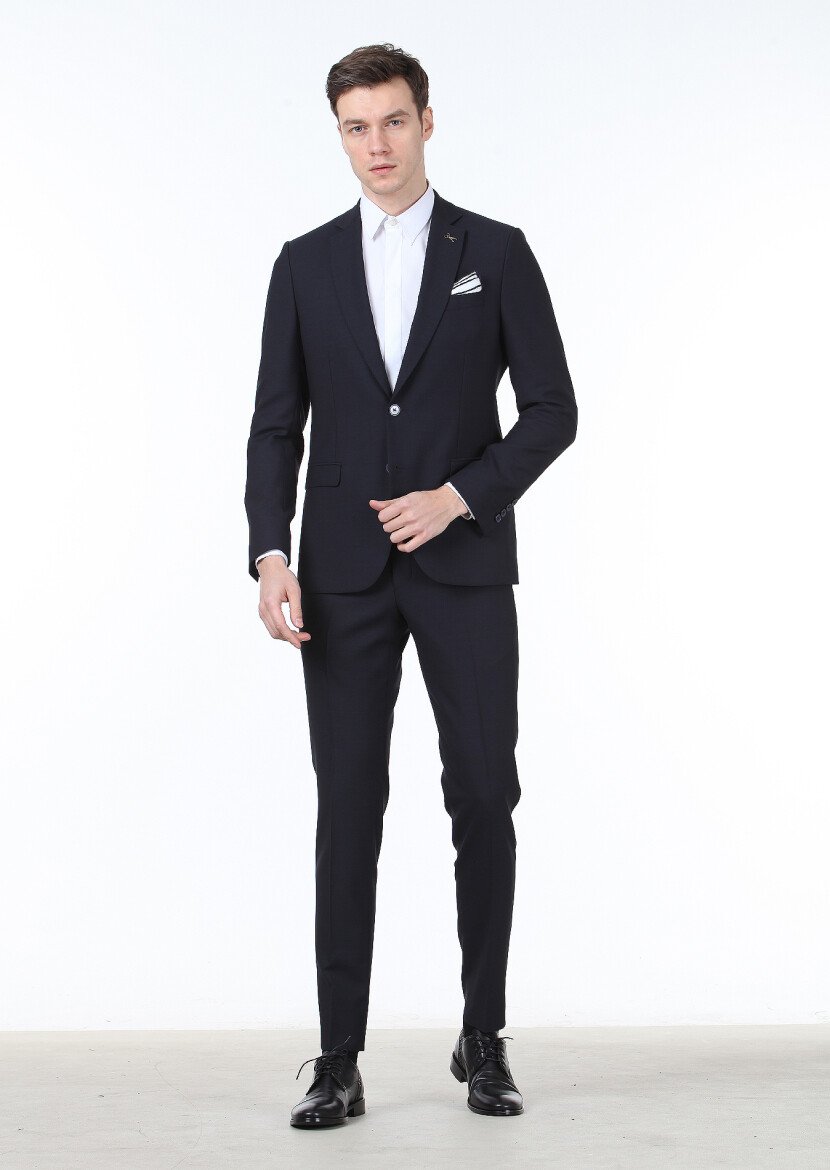 Lacivert Düz Thin&taller Slim Fit %100 Yün Takım Elbise - 3