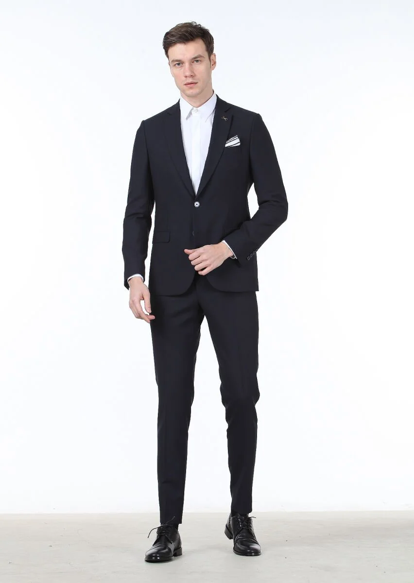 Lacivert Düz Thin&taller Slim Fit %100 Yün Takım Elbise - 3