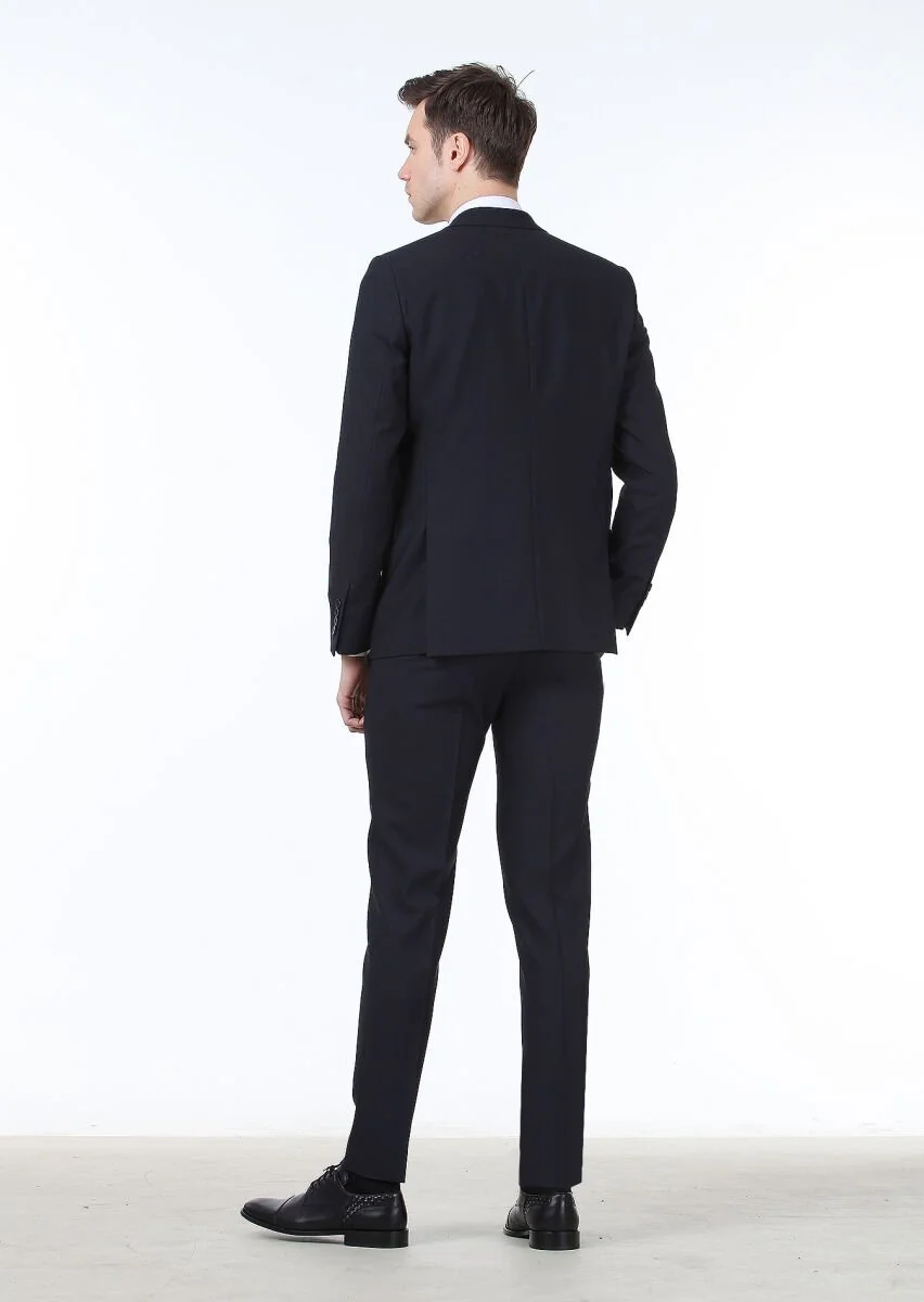 Lacivert Düz Thin&taller Slim Fit %100 Yün Takım Elbise - 4