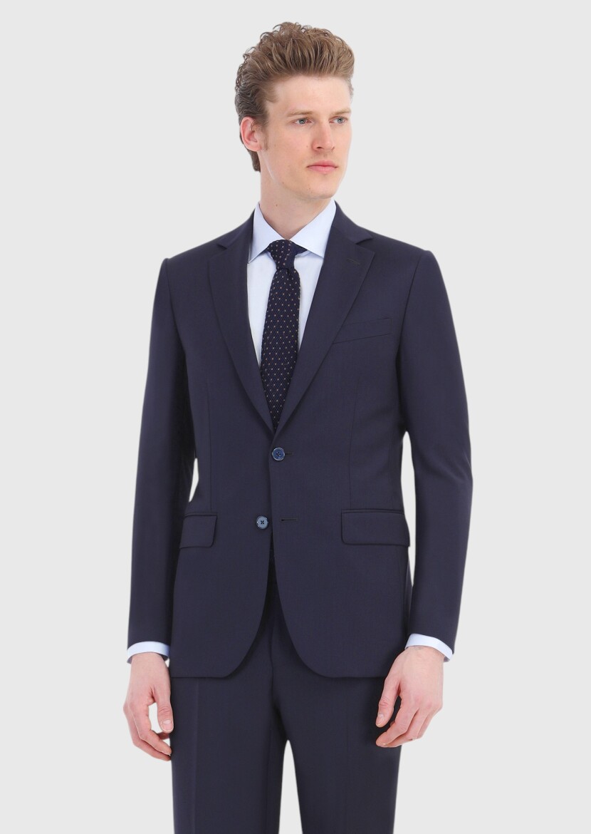 Lacivert Düz Thin&taller Slim Fit %100 Yün Takım Elbise - 2