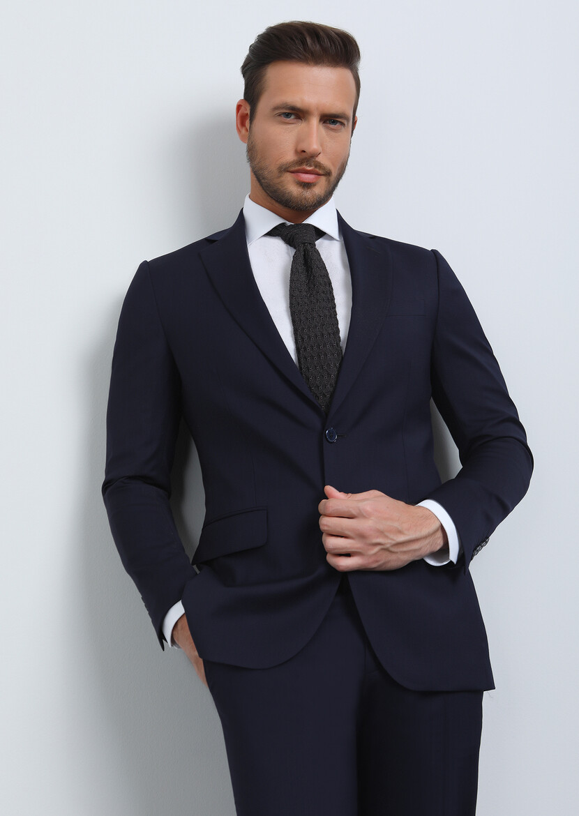 Lacivert Düz Thin&taller Slim Fit %100 Yün Takım Elbise - 3