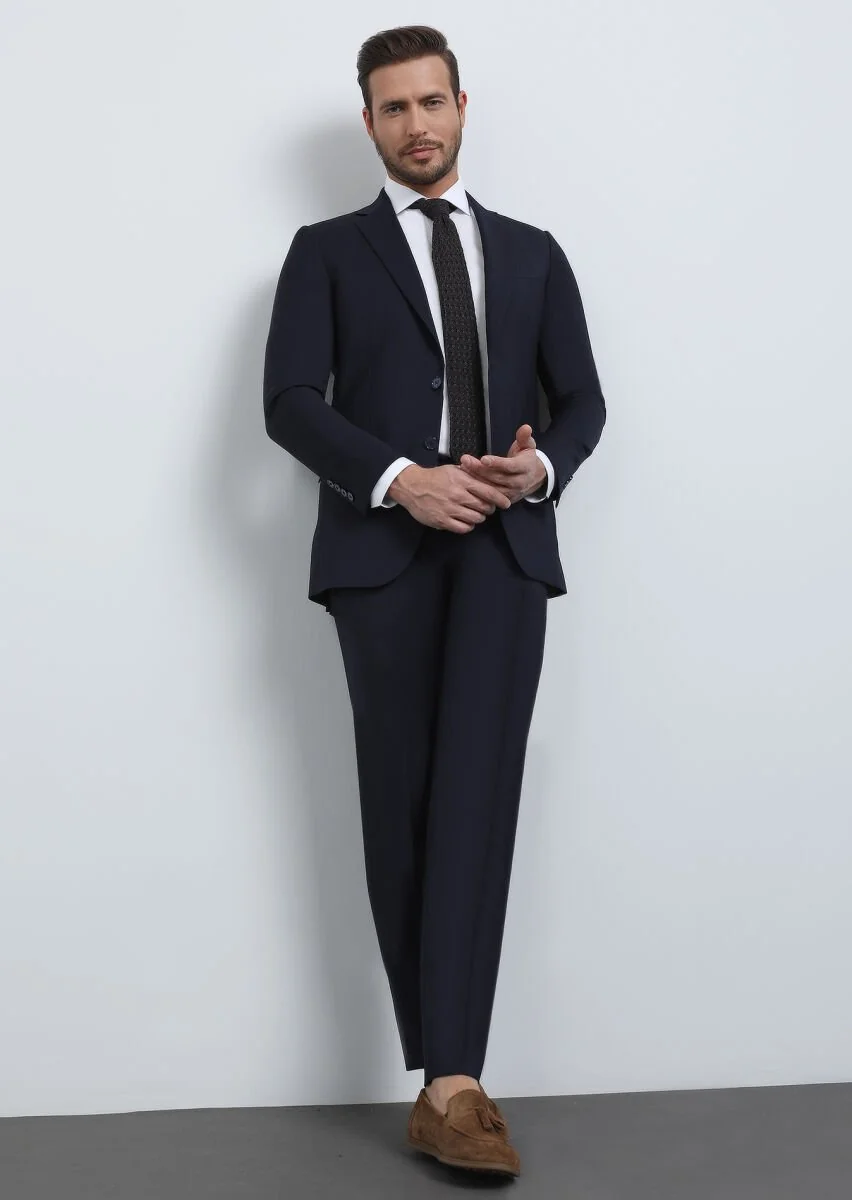 Lacivert Düz Thin&taller Slim Fit %100 Yün Takım Elbise - 4