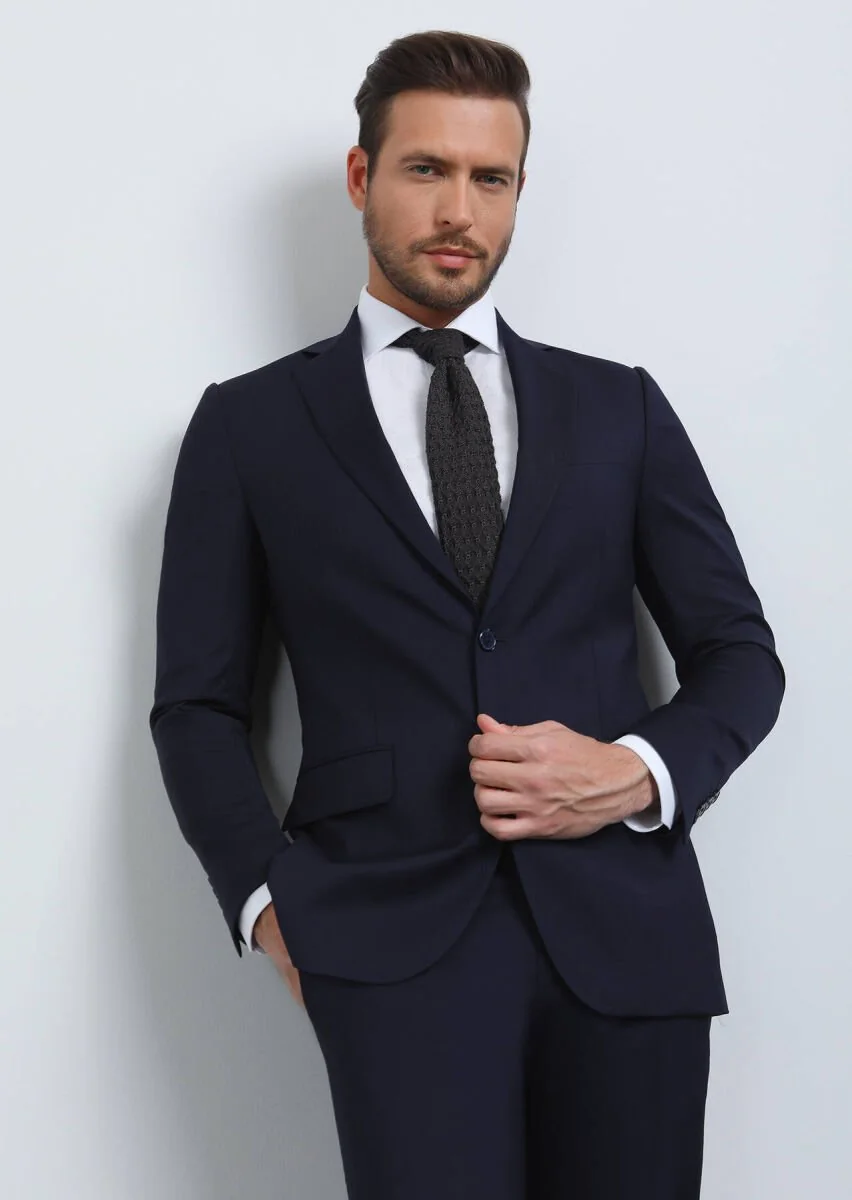 Lacivert Düz Thin&taller Slim Fit %100 Yün Takım Elbise - 2