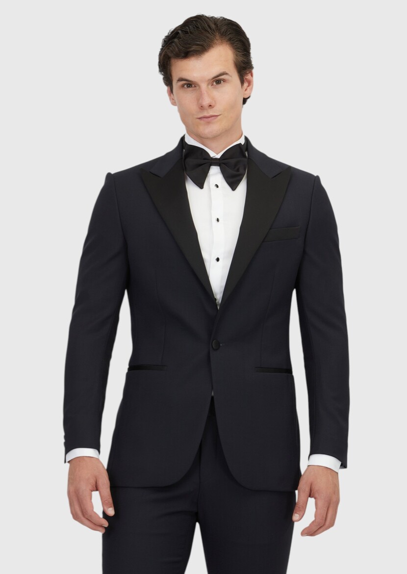 Lacivert Düz Thin&taller Slim Fit Kruvaze Yaka Dokuma Smokin Takım Elbise - RAMSEY