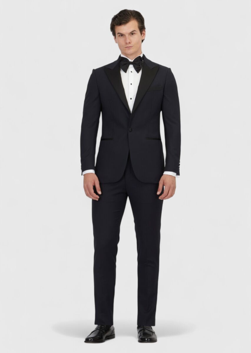 Lacivert Düz Thin&taller Slim Fit Kruvaze Yaka Dokuma Smokin Takım Elbise - 2