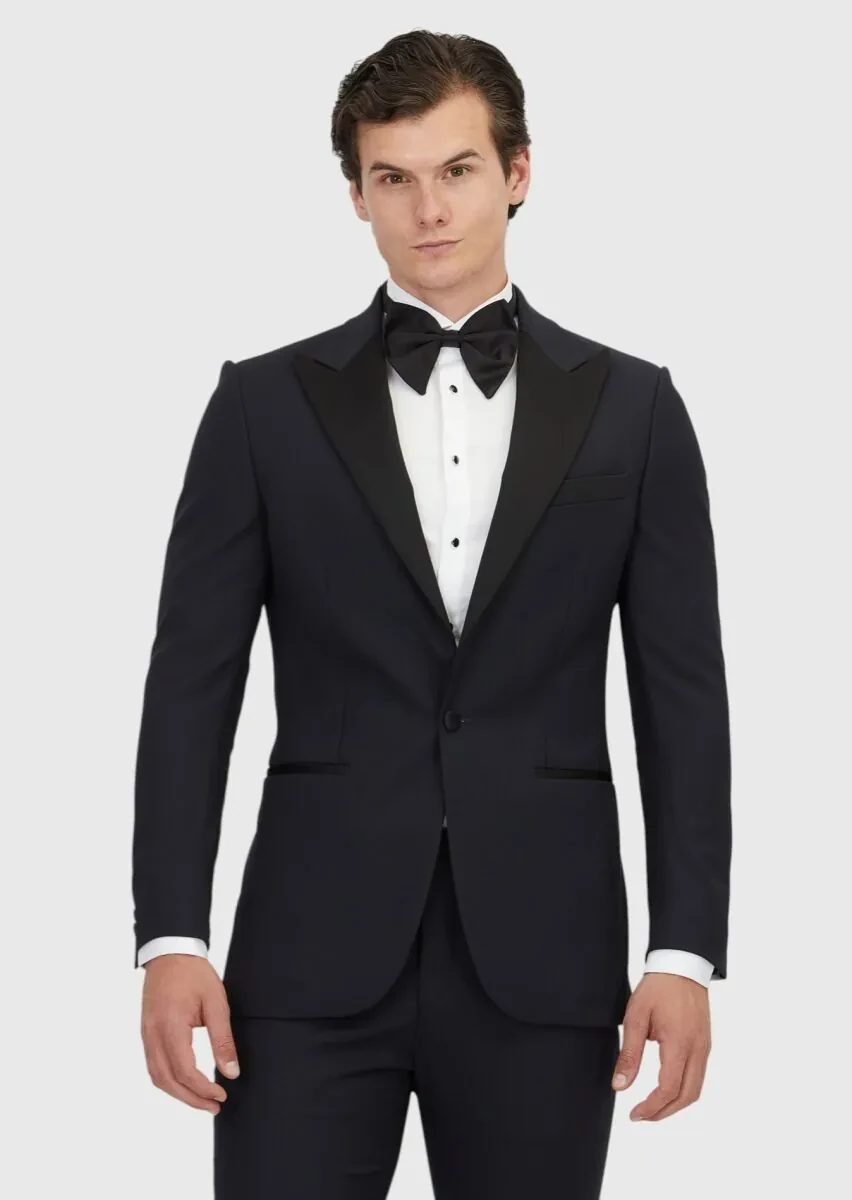 Lacivert Düz Thin&taller Slim Fit Kruvaze Yaka Dokuma Smokin Takım Elbise - 1