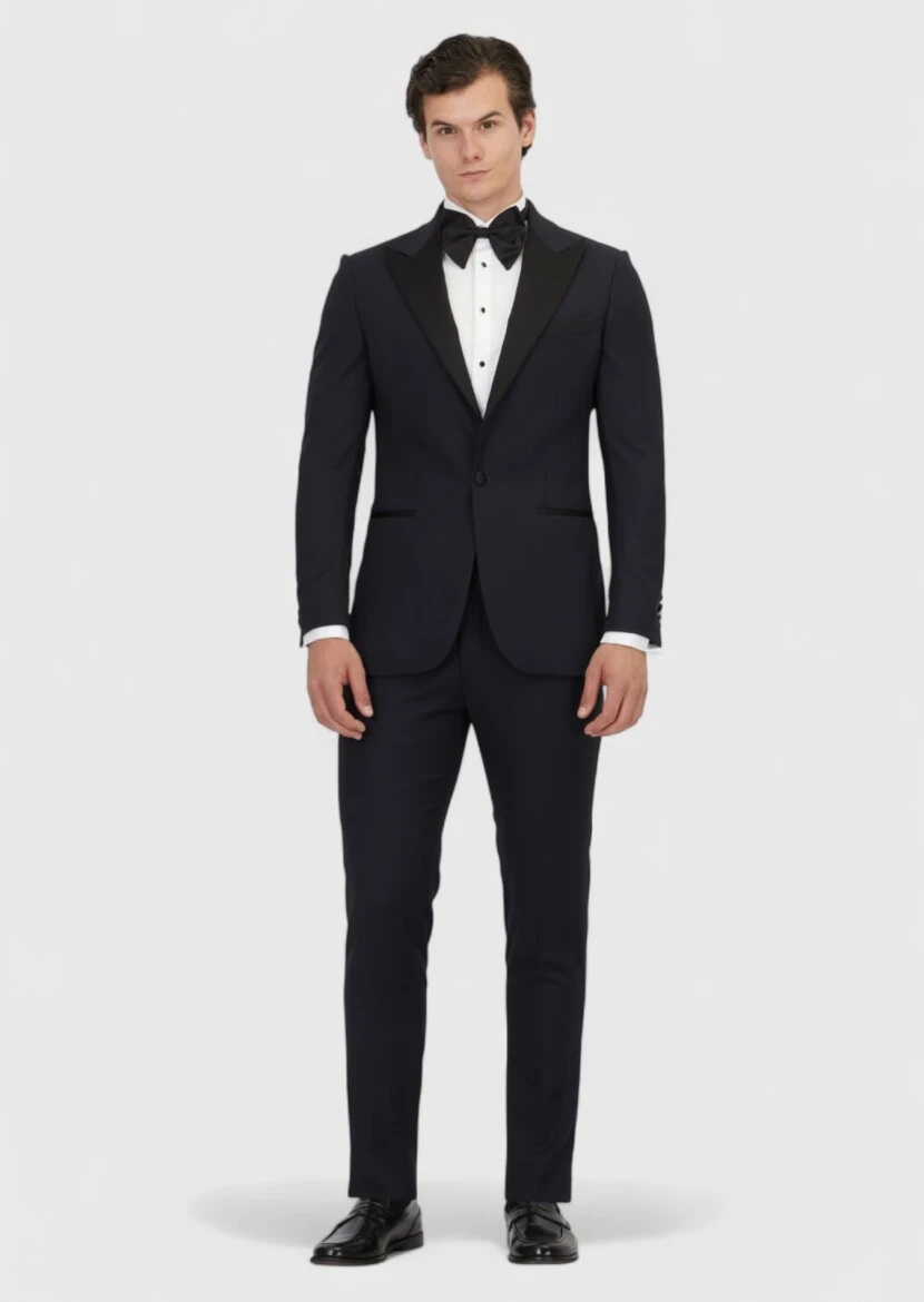 Lacivert Düz Thin&taller Slim Fit Kruvaze Yaka Dokuma Smokin Takım Elbise - 2