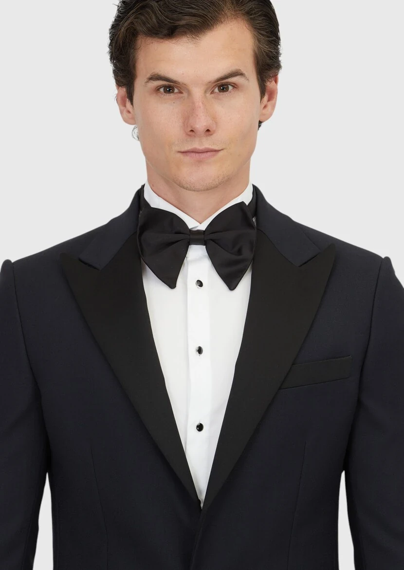 Lacivert Düz Thin&taller Slim Fit Kruvaze Yaka Dokuma Smokin Takım Elbise - 3