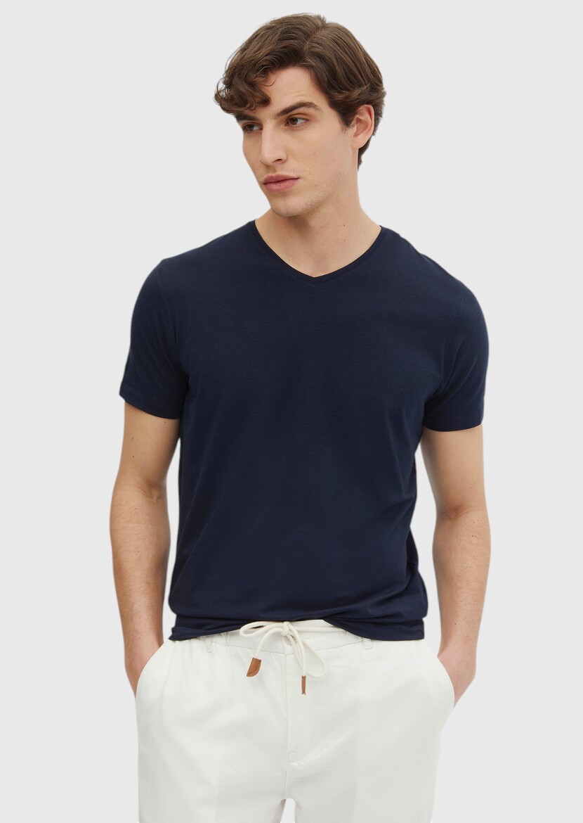 Lacivert Düz V Yaka Pamuk Karışımlı T-Shirt - 1