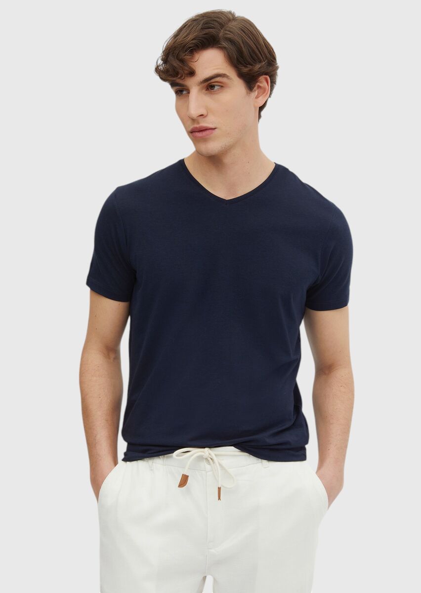 Lacivert Düz V Yaka Pamuk Karışımlı T-Shirt - 1