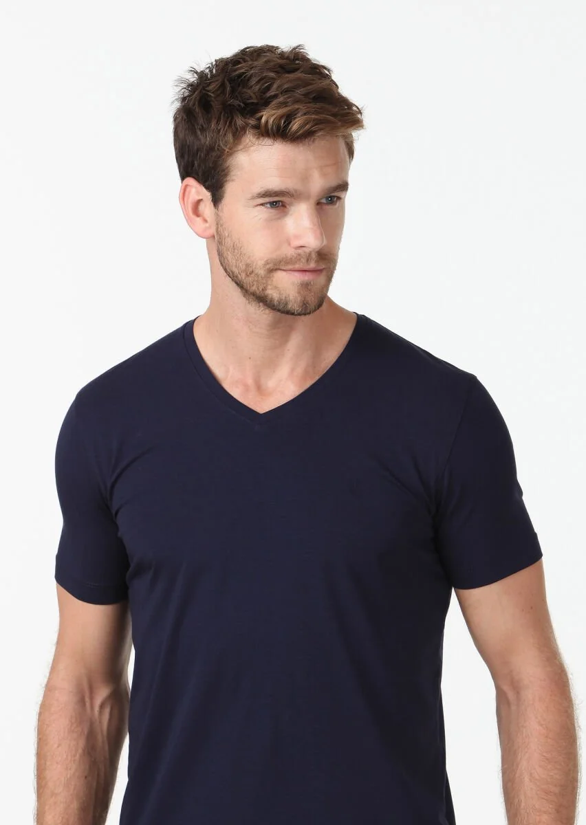 Lacivert Düz V Yaka Pamuk Karışımlı T-Shirt - 3