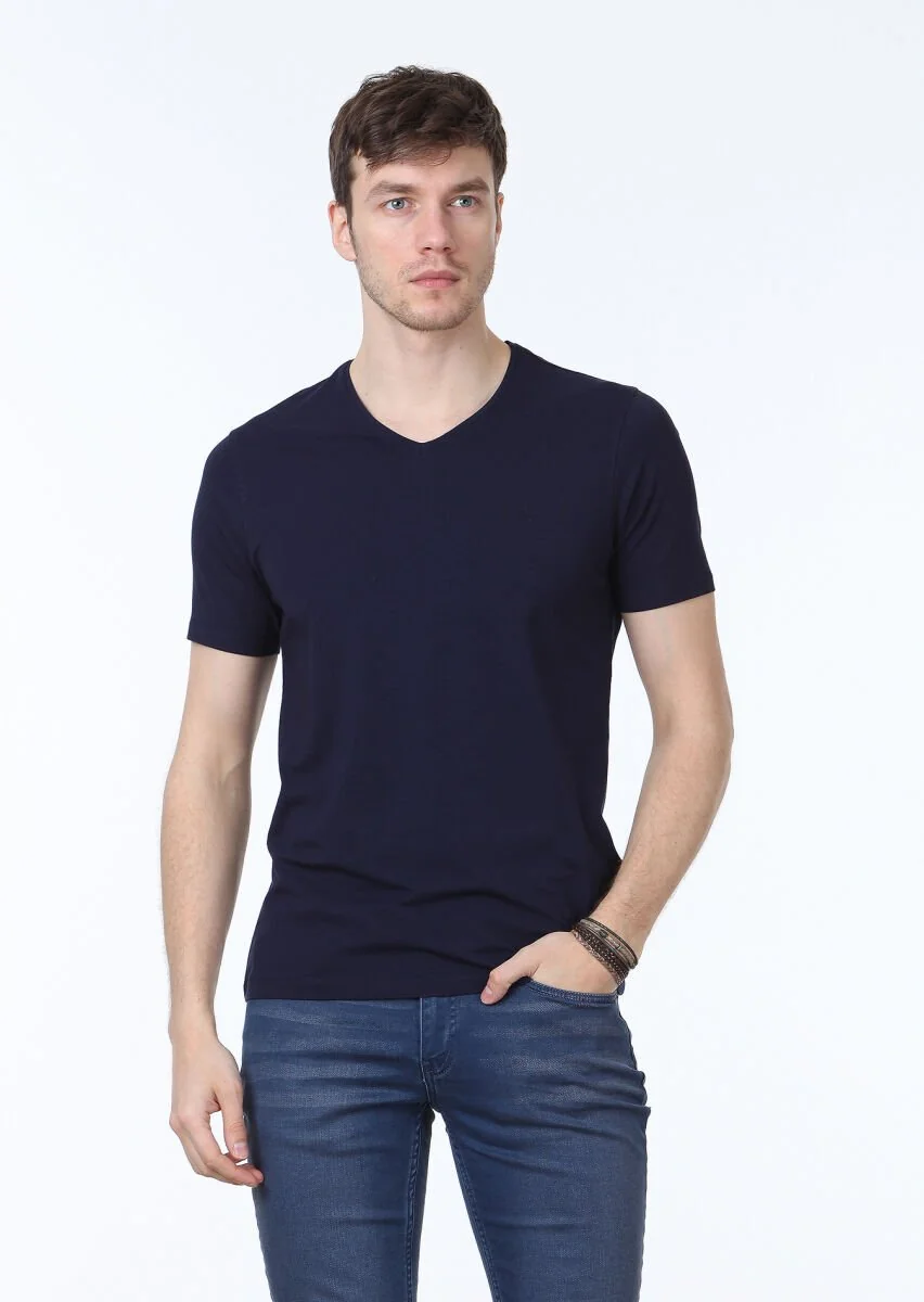 Lacivert Düz V Yaka Pamuk Karışımlı T-Shirt - 1