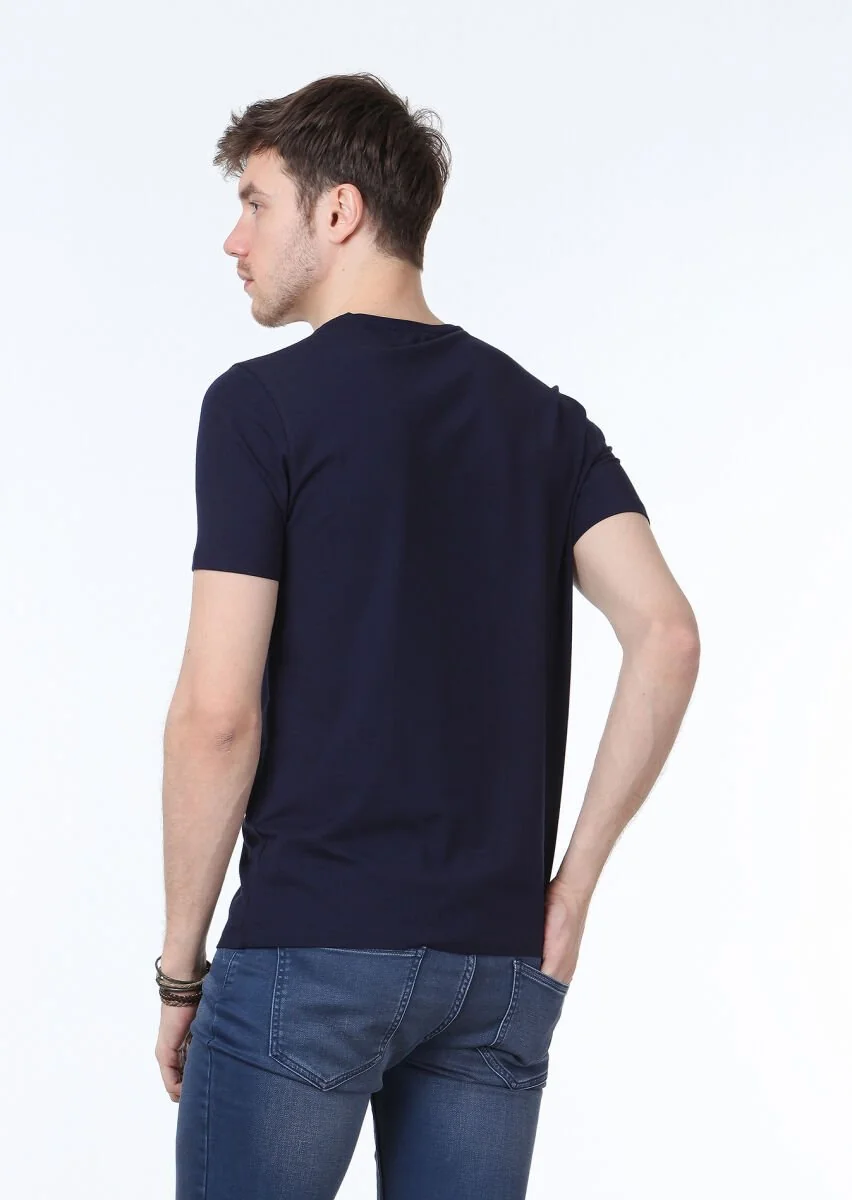 Lacivert Düz V Yaka Pamuk Karışımlı T-Shirt - 4