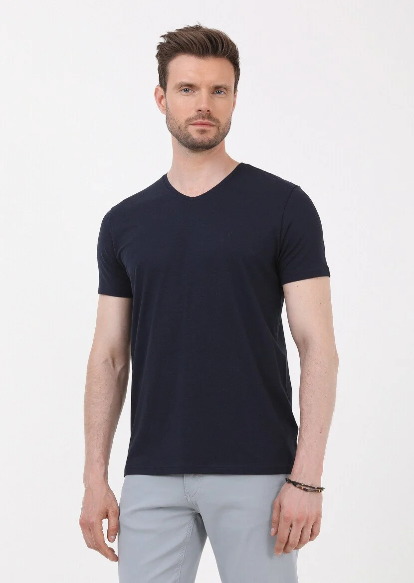 Lacivert Düz V Yaka Pamuk Karışımlı T-Shirt 