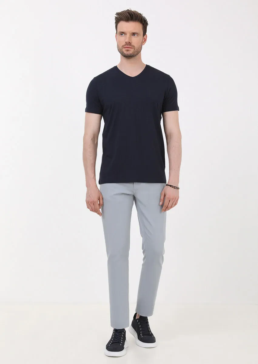 Lacivert Düz V Yaka Pamuk Karışımlı T-Shirt - 3