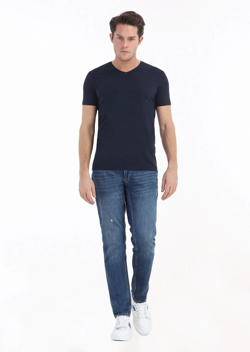 Lacivert Düz V Yaka Pamuk Karışımlı T-Shirt - 1