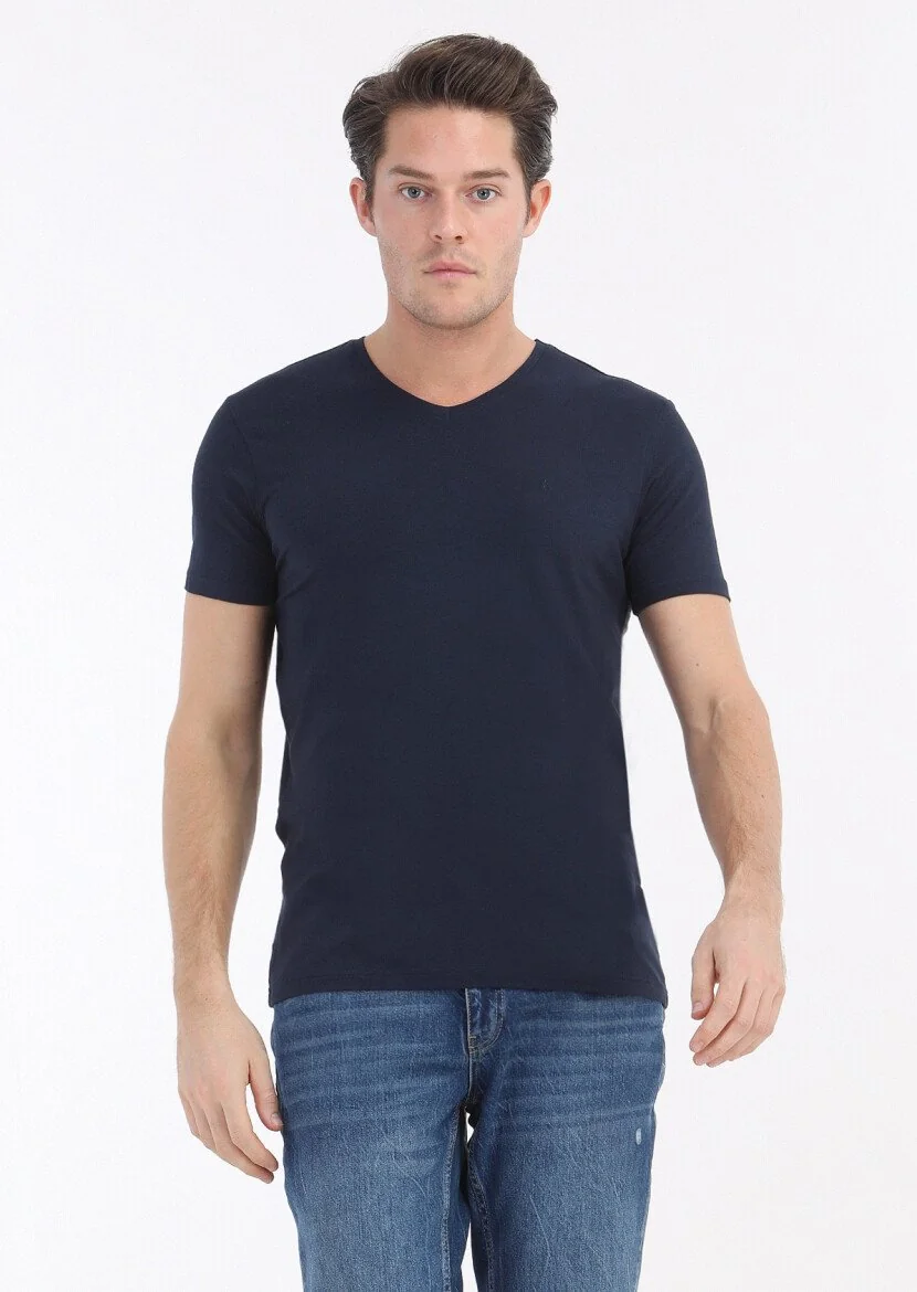 Lacivert Düz V Yaka Pamuk Karışımlı T-Shirt 