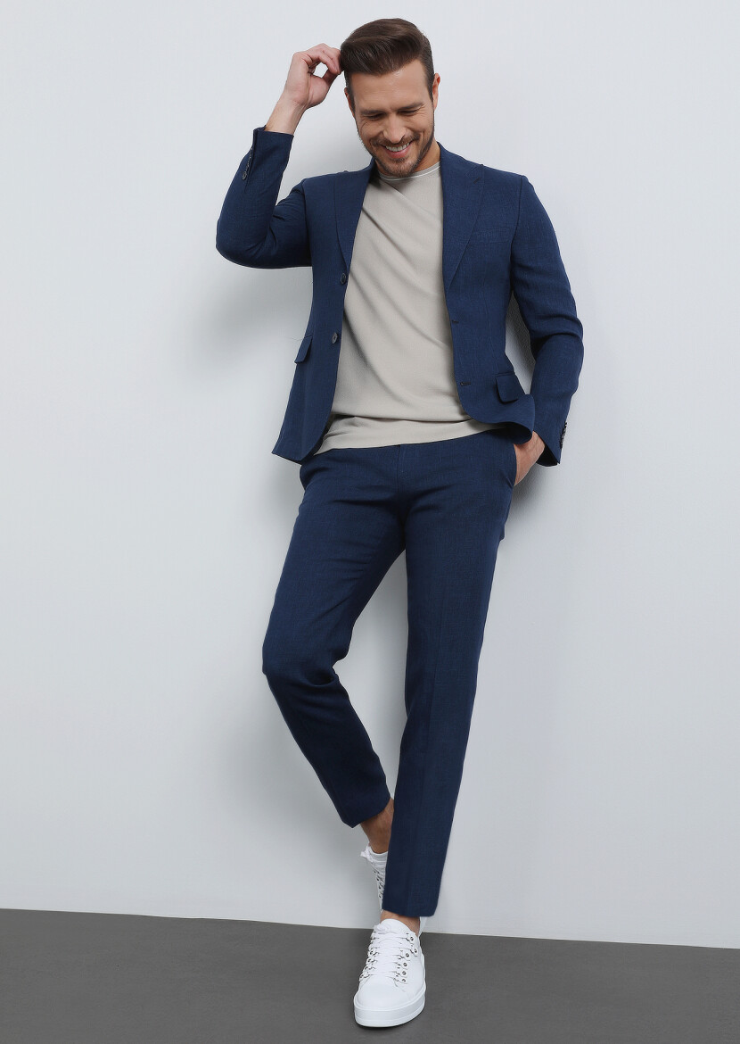 Lacivert Düz Zeroweight Slim Fit %100 Keten Takım Elbise - 2