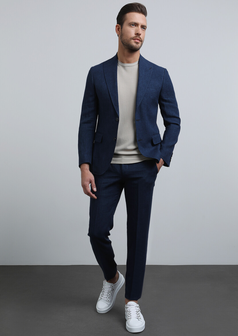Lacivert Düz Zeroweight Slim Fit %100 Keten Takım Elbise - 4