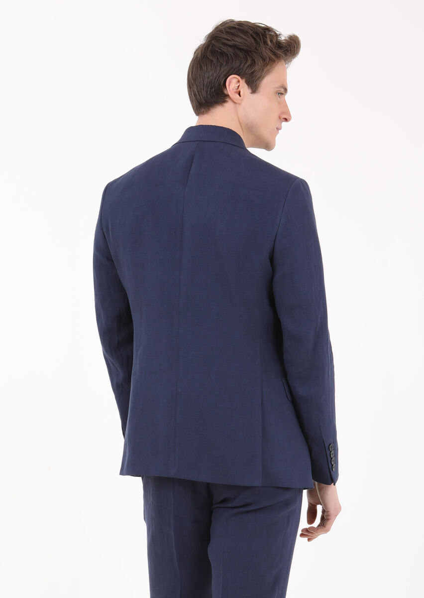 Lacivert Düz Zeroweight Slim Fit %100 Keten Takım Elbise - 4
