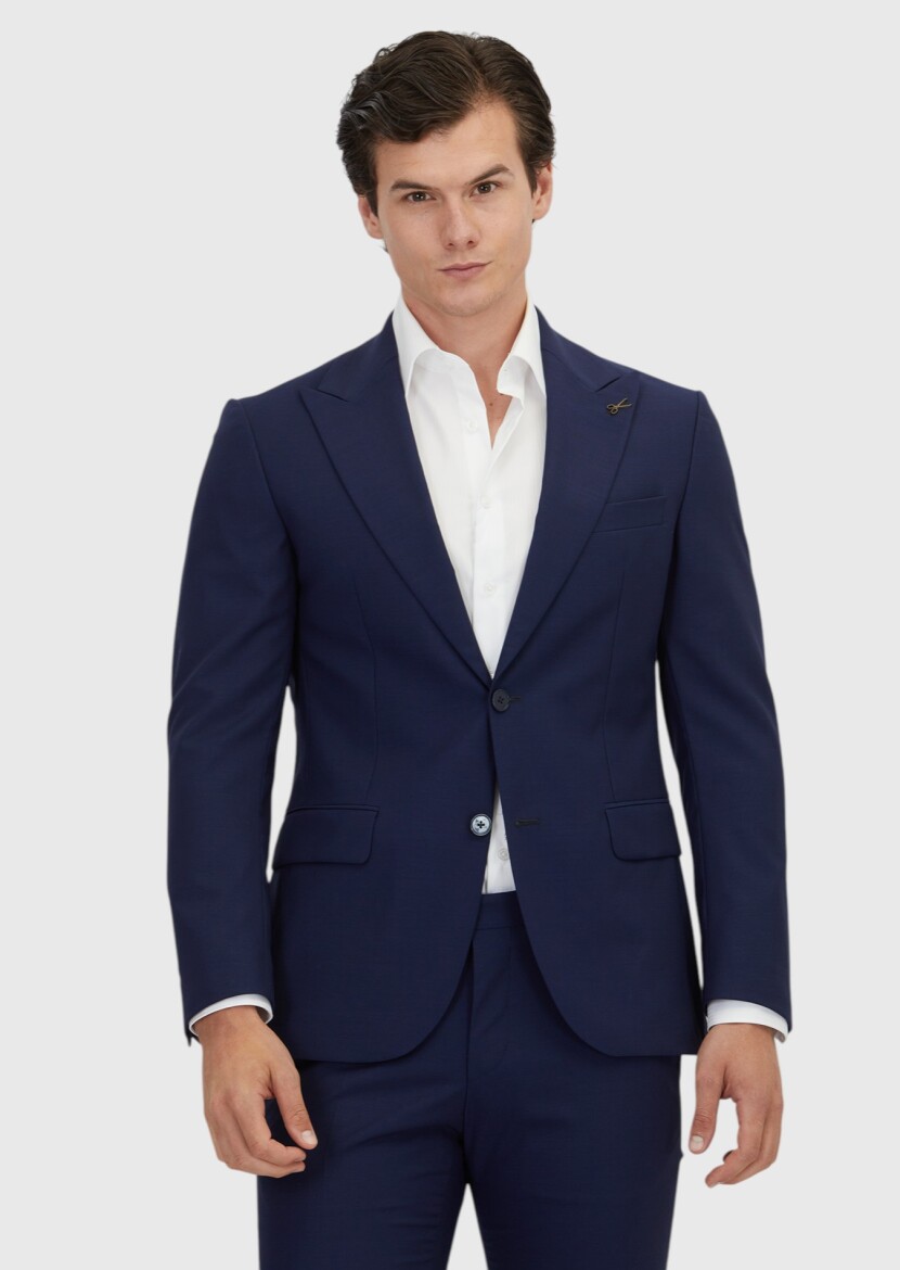 Lacivert Düz Zeroweight Slim Fit %100 Yün Takım Elbise 