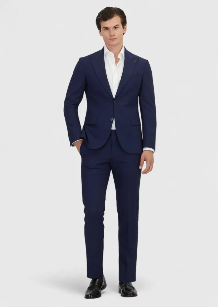 Lacivert Düz Zeroweight Slim Fit %100 Yün Takım Elbise - 2