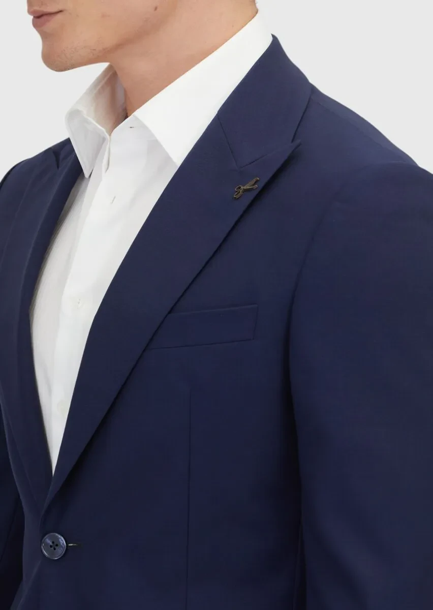 Lacivert Düz Zeroweight Slim Fit %100 Yün Takım Elbise - 4