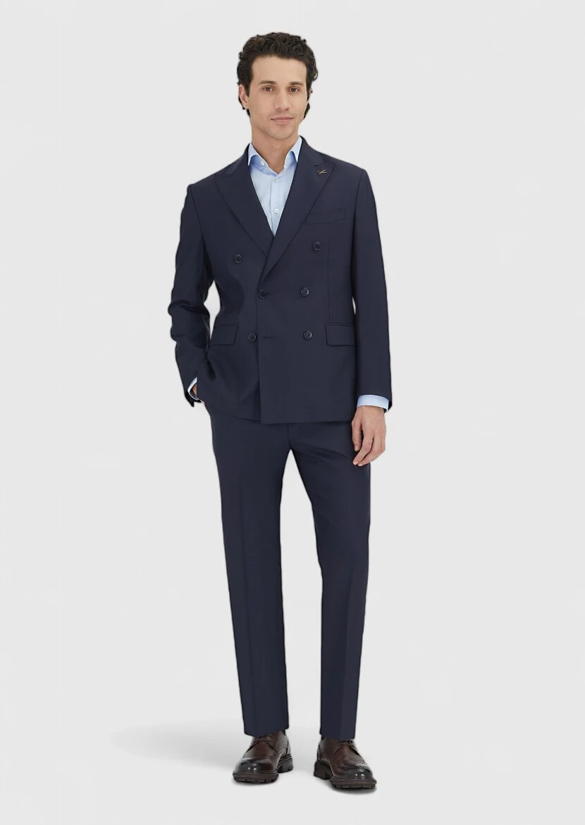 Lacivert Düz Zeroweight Slim Fit %100 Yün Takım Elbise - RAMSEY