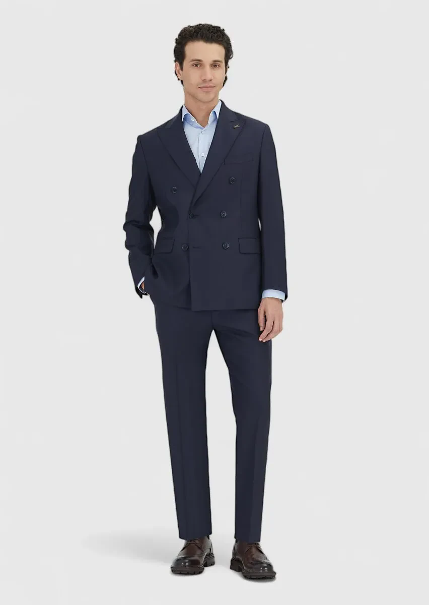 Lacivert Düz Zeroweight Slim Fit %100 Yün Takım Elbise - 1