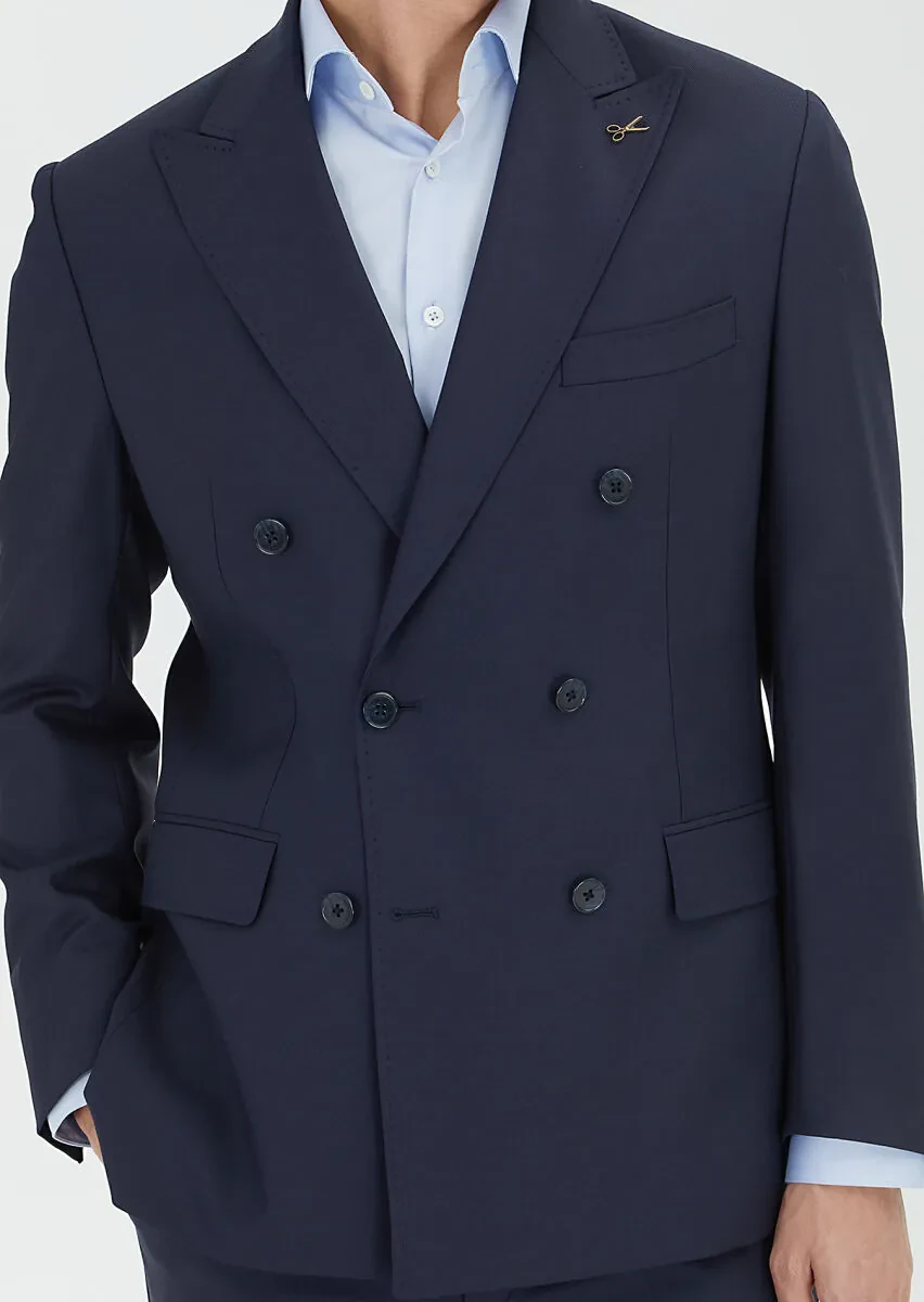 Lacivert Düz Zeroweight Slim Fit %100 Yün Takım Elbise - 2