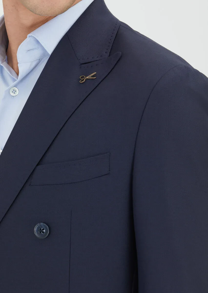 Lacivert Düz Zeroweight Slim Fit %100 Yün Takım Elbise - 4