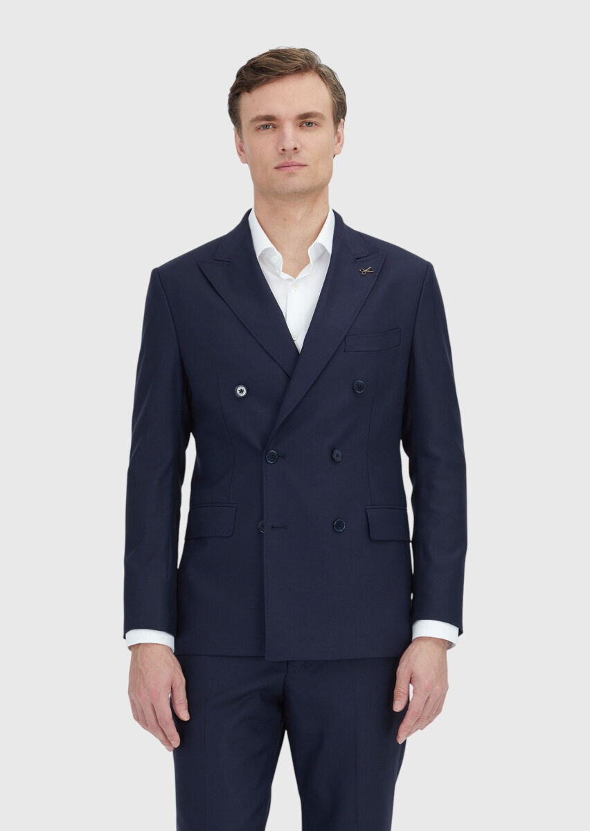 Lacivert Düz Zeroweight Slim Fit %100 Yün Takım Elbise - 2