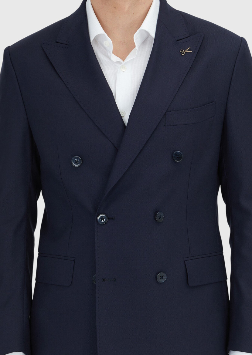 Lacivert Düz Zeroweight Slim Fit %100 Yün Takım Elbise - 3