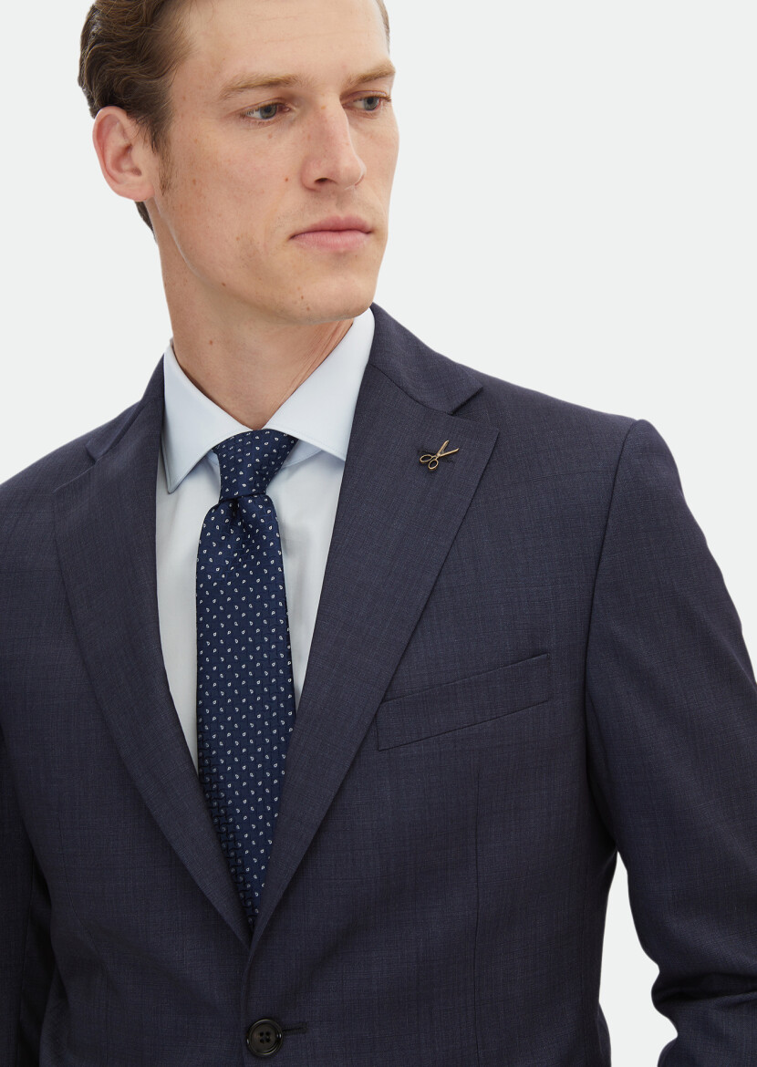 Lacivert Düz Zeroweight Slim Fit İpek Karışımlı Takım Elbise - 4