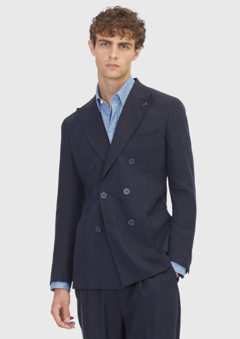 Lacivert Düz Zeroweight Slim Fit Keten Karışımlı Takım Elbise - RAMSEY