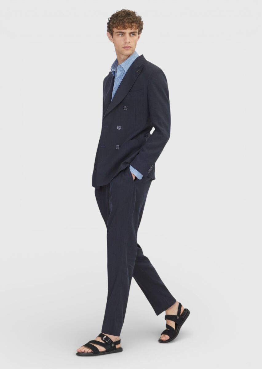 Lacivert Düz Zeroweight Slim Fit Keten Karışımlı Takım Elbise - 3