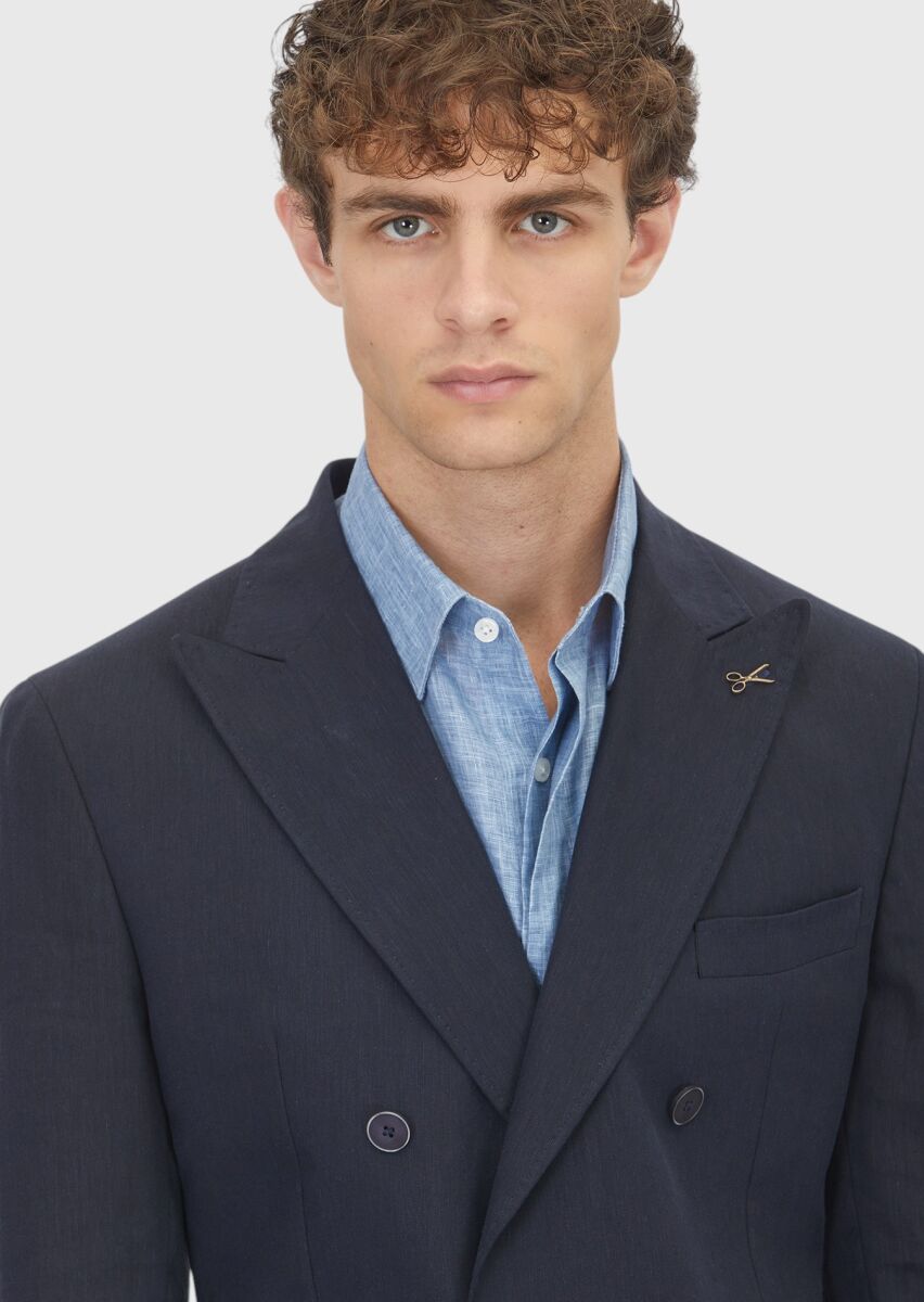 Lacivert Düz Zeroweight Slim Fit Keten Karışımlı Takım Elbise - 4