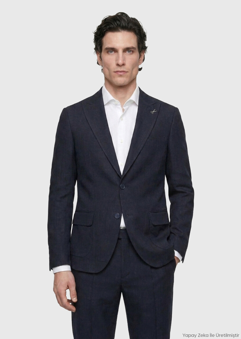 Lacivert Düz Zeroweight Slim Fit Keten Karışımlı Takım Elbise - RAMSEY