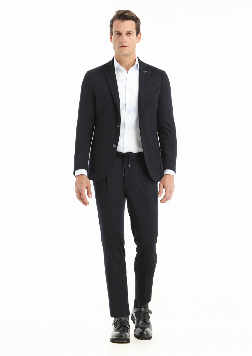 Lacivert Düz Zeroweight Slim Fit Yün Karışımlı Örme Takım Elbise 