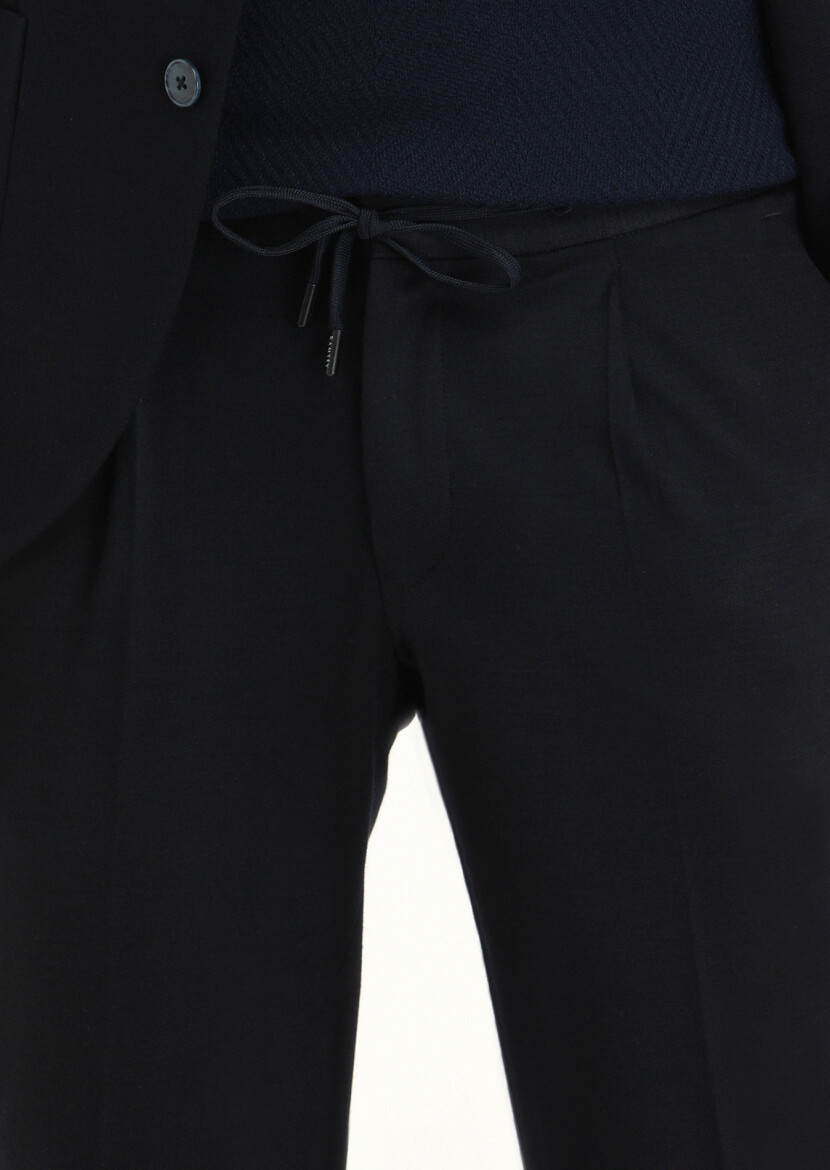 Lacivert Düz Zeroweight Slim Fit Yün Karışımlı Örme Takım Elbise - 3
