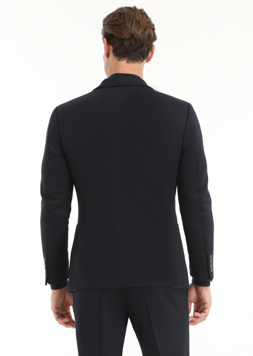 Lacivert Düz Zeroweight Slim Fit Yün Karışımlı Örme Takım Elbise - 4