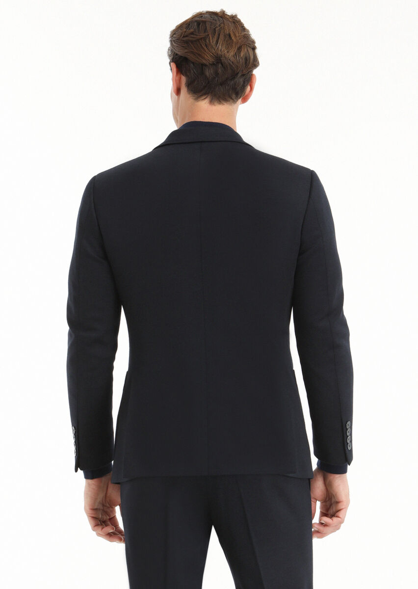 Lacivert Düz Zeroweight Slim Fit Yün Karışımlı Örme Takım Elbise - 4