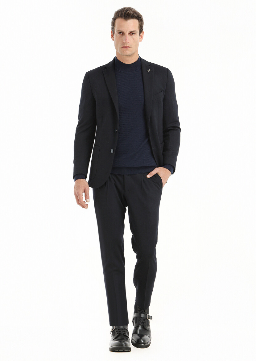 Lacivert Düz Zeroweight Slim Fit Yün Karışımlı Örme Takım Elbise 