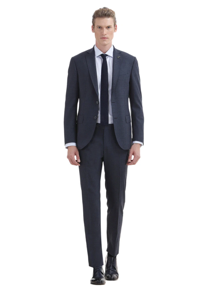 Lacivert Düz Zeroweight Slim Fit Yün Karışımlı Takım Elbise - 1