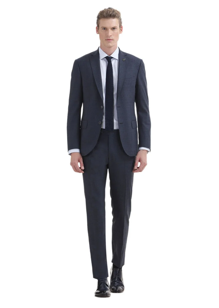 Lacivert Düz Zeroweight Slim Fit Yün Karışımlı Takım Elbise - 1