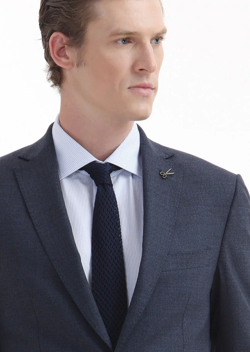 Lacivert Düz Zeroweight Slim Fit Yün Karışımlı Takım Elbise - 3