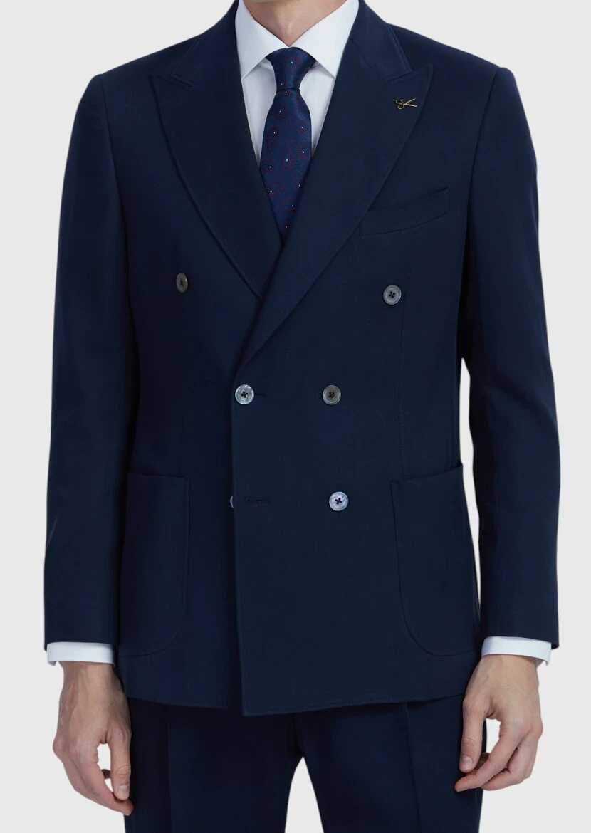 Lacivert Düz Zeroweight Slim Fit Yün Karışımlı Takım Elbise - 5